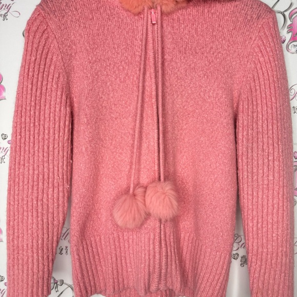 Bebe Pom Pom angora rabbit fur trim hood zip up sweater hoodie pink coral y2k - Picture 9 of 15